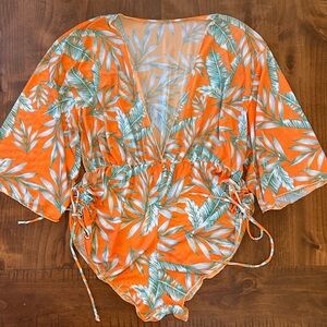 Tropical Orange Leaf Print Sheer Romper Cover Up